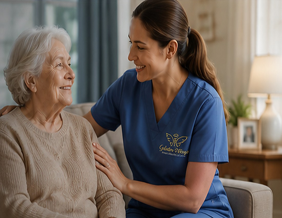Caregiver supporting an older gentleman at home