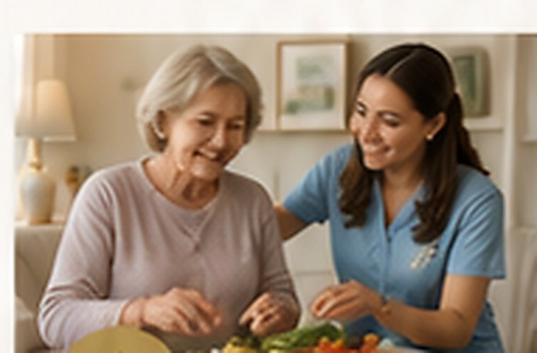 Caregiver sharing a meal with an older woman